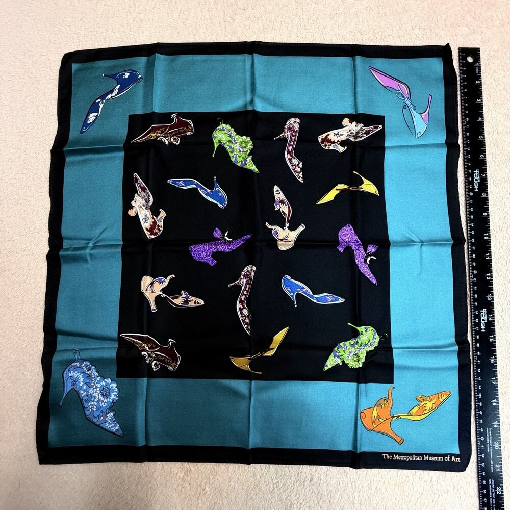 Metropolitan Museum of Art 100% Silk Scarf Shoes Teal Black